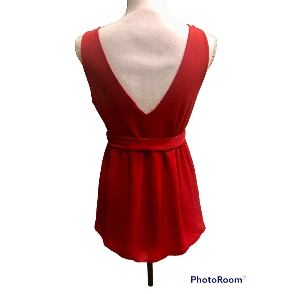 Anne Klein Womens Belted Sleeveless Blouse Top Red V Front & Back NWT Gorgeous S